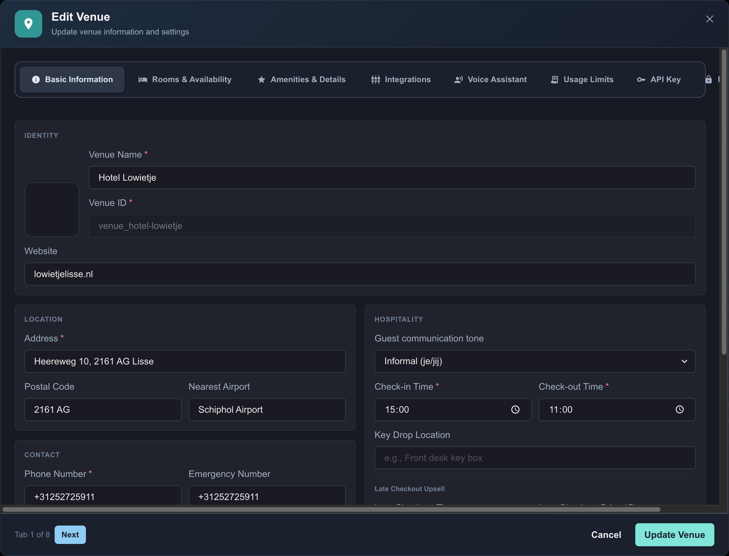 Basic Information in de venue-modal