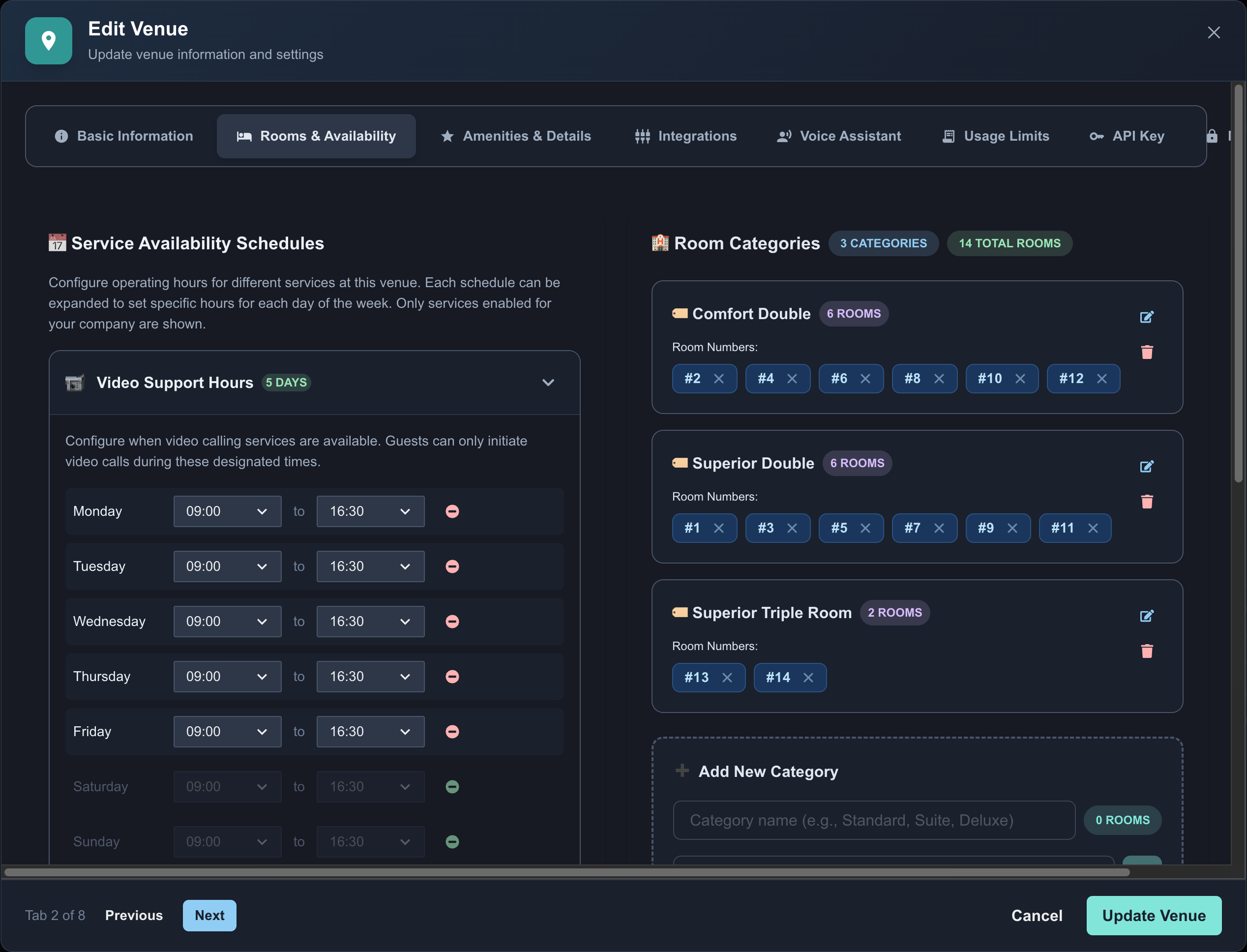 Rooms &amp; Availability in de venue-modal