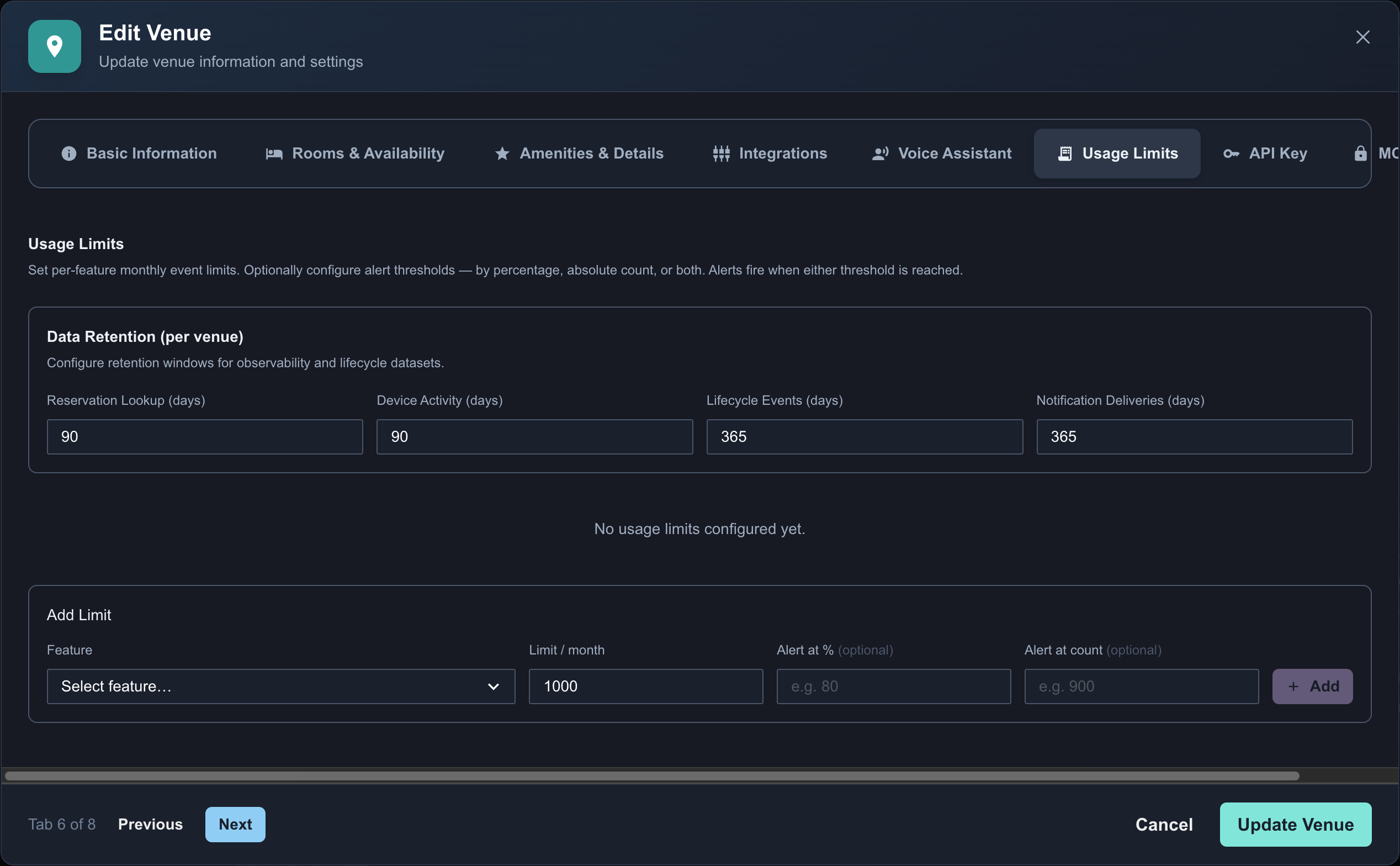 Usage Limits in de venue-modal