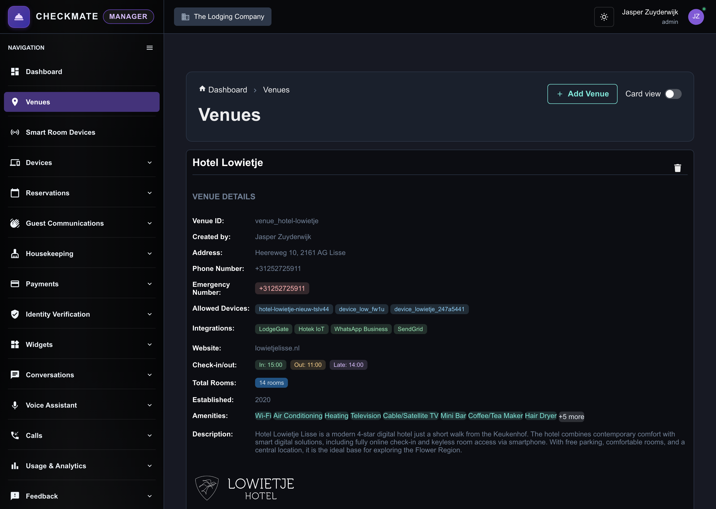 Overzicht van venues binnen Checkmate Manager
