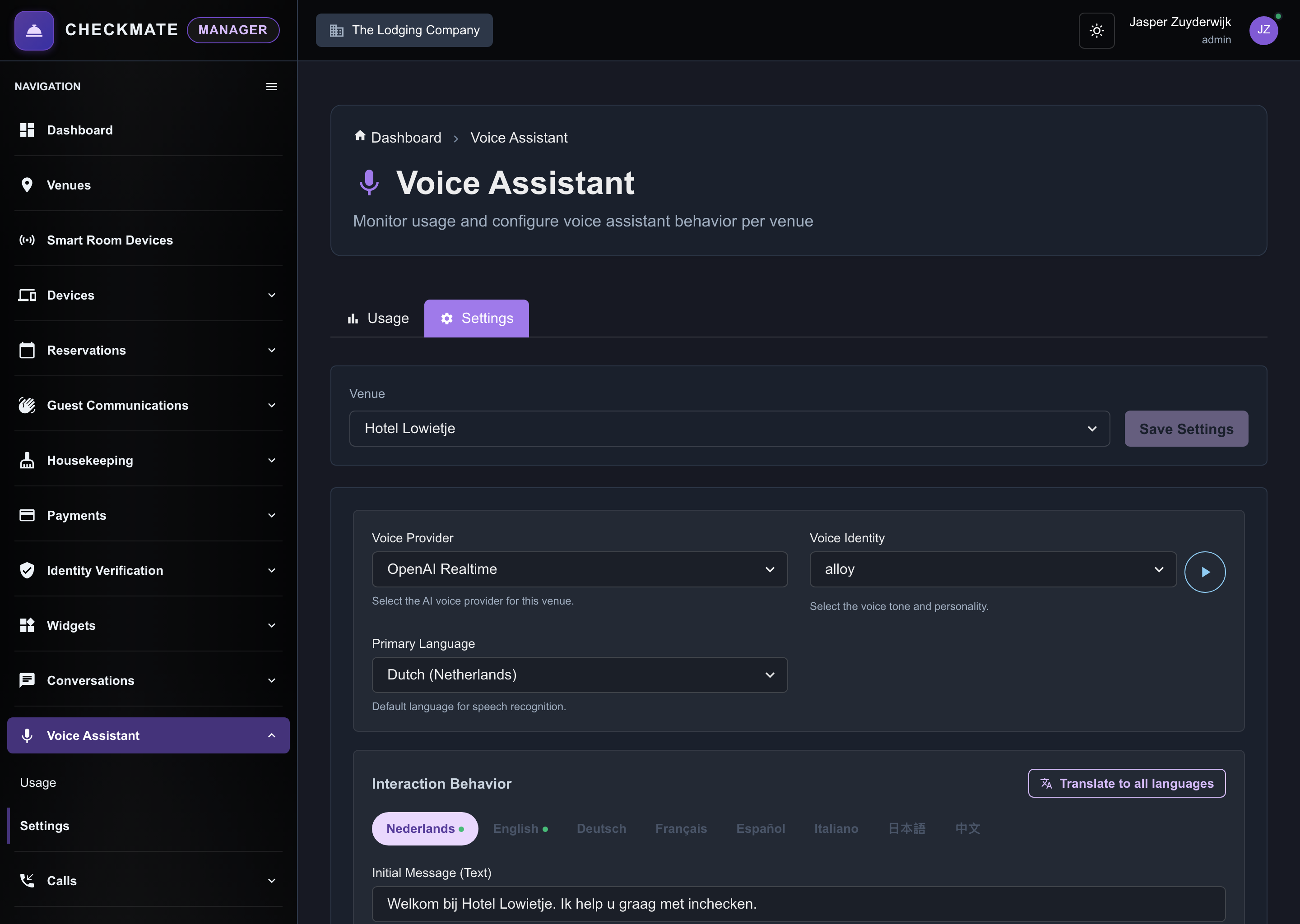 Voice Assistant instellingen en usage in Checkmate Manager
