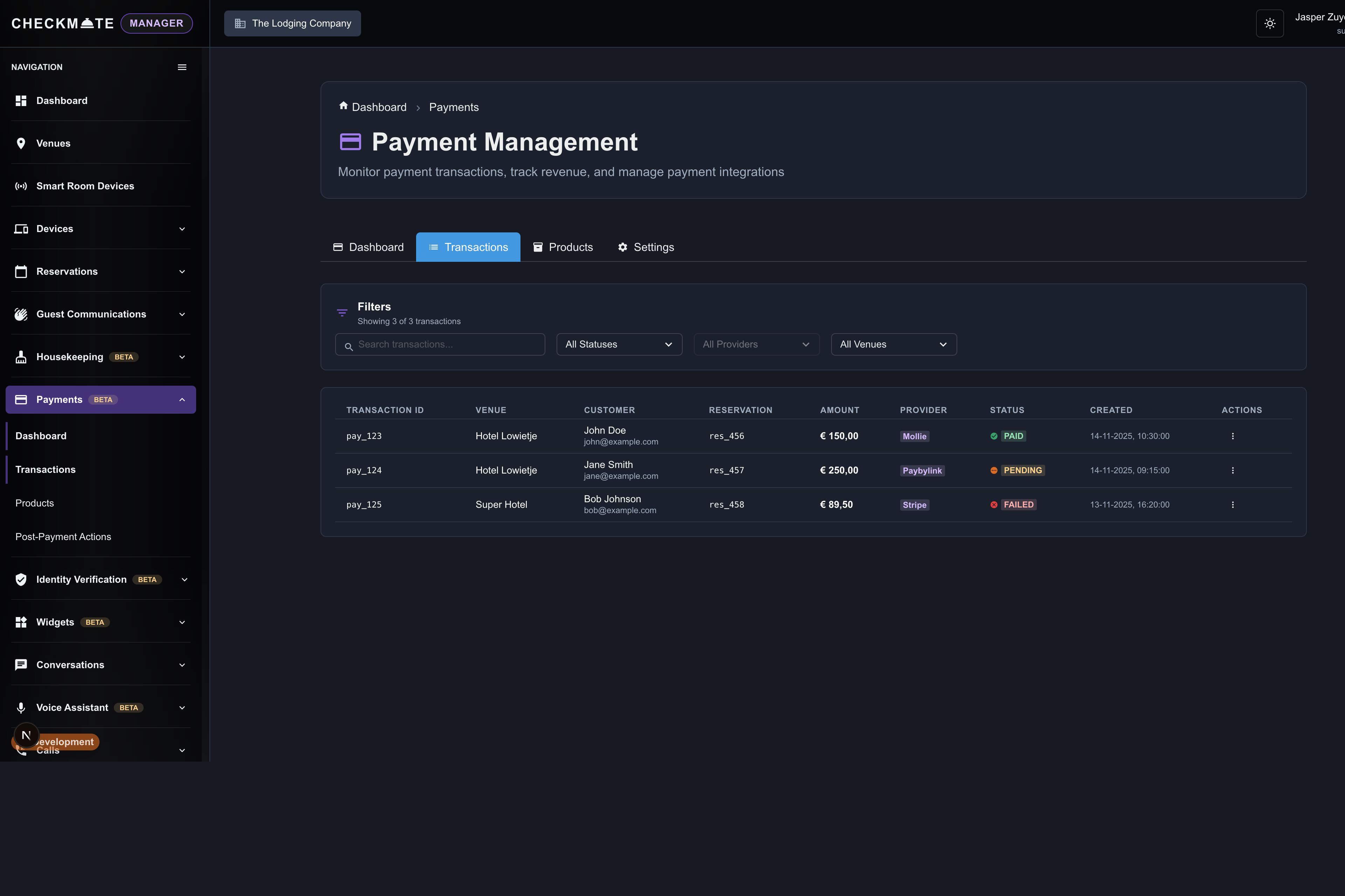 Transactieoverzicht in Checkmate Manager