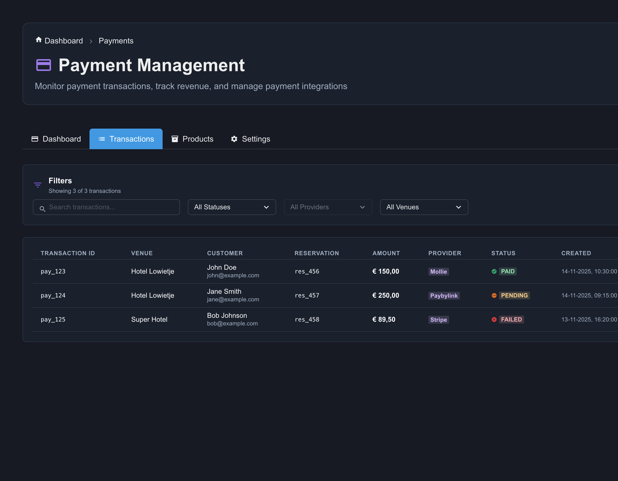 Transactieoverzicht in Checkmate Manager