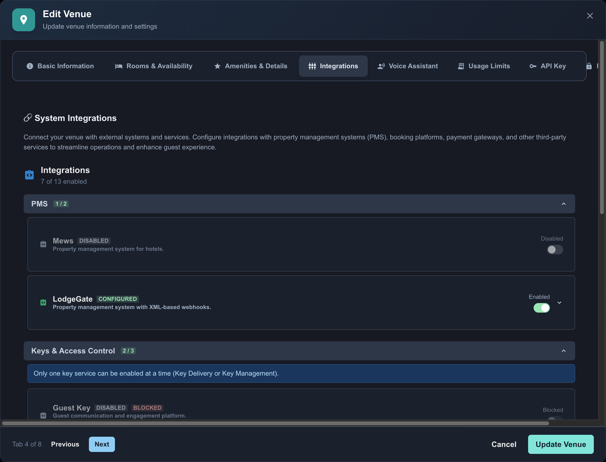 Integrations in de venue-modal