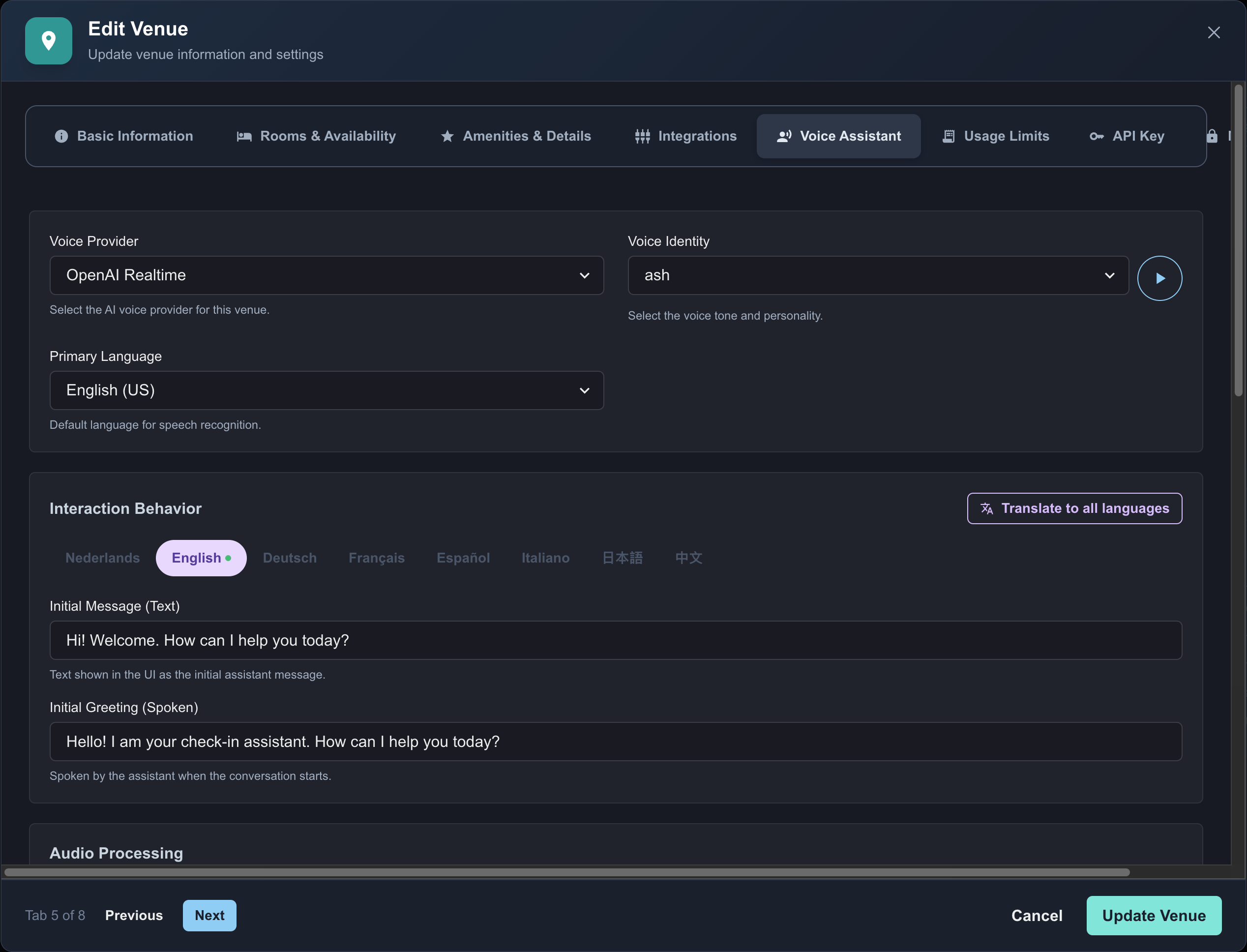 Voice Assistant in de venue-modal